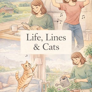 cozy cat coloring book cover, life lines and cats, aesthetic cozy lifestyle scenes, girl reading dancing gardening illustration, cat lover coloring book, relaxing adult coloring pages, cozy home and balcony scenes, stress relief coloring book, mindfulness coloring pages, hygge lifestyle illustration, cozy interior and outdoor moments, printable coloring book PDF, digital download coloring pages, cozy cat life coloring book, relaxing creative hobby gift