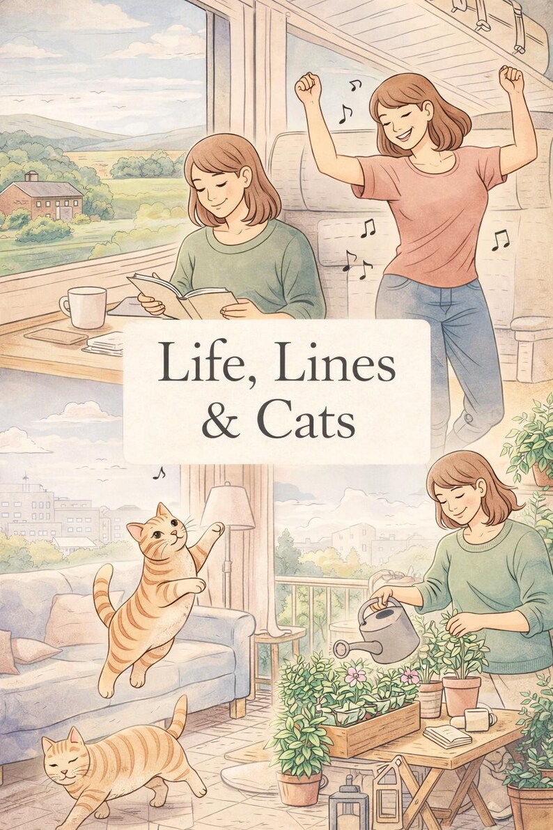 cozy cat coloring book cover, life lines and cats, aesthetic cozy lifestyle scenes, girl reading dancing gardening illustration, cat lover coloring book, relaxing adult coloring pages, cozy home and balcony scenes, stress relief coloring book, mindfulness coloring pages, hygge lifestyle illustration, cozy interior and outdoor moments, printable coloring book PDF, digital download coloring pages, cozy cat life coloring book, relaxing creative hobby gift