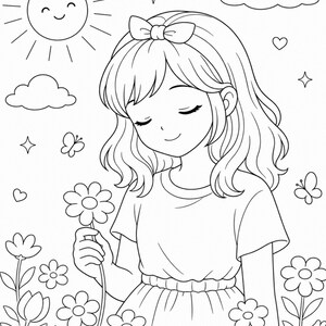 Kids coloring book page featuring a girl holding a flower in a sunny garden with butterflies, clouds, and smiling sun, drawn in clean black and white line art. Simple and easy coloring page for kids ages 4–9. Nature and outdoor theme supports creativity, relaxation, and fine motor skills. Perfect for home, school, or quiet time activities. Printable digital download in US Letter size, fun and engaging coloring experience for young children.