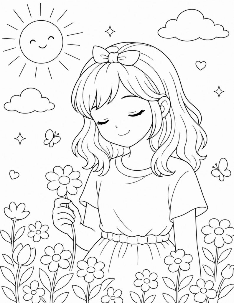 Kids coloring book page featuring a girl holding a flower in a sunny garden with butterflies, clouds, and smiling sun, drawn in clean black and white line art. Simple and easy coloring page for kids ages 4–9. Nature and outdoor theme supports creativity, relaxation, and fine motor skills. Perfect for home, school, or quiet time activities. Printable digital download in US Letter size, fun and engaging coloring experience for young children.