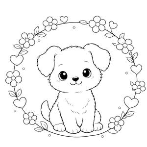 Kids coloring book page featuring a cute puppy sitting inside a floral wreath with hearts and flowers around, designed in clean black and white line art. Simple and easy coloring page for kids ages 4–9. Animal and nature theme helps develop creativity, focus, and fine motor skills. Perfect for home, school, or quiet play time. Printable digital download in US Letter size, fun and engaging coloring activity for young children.