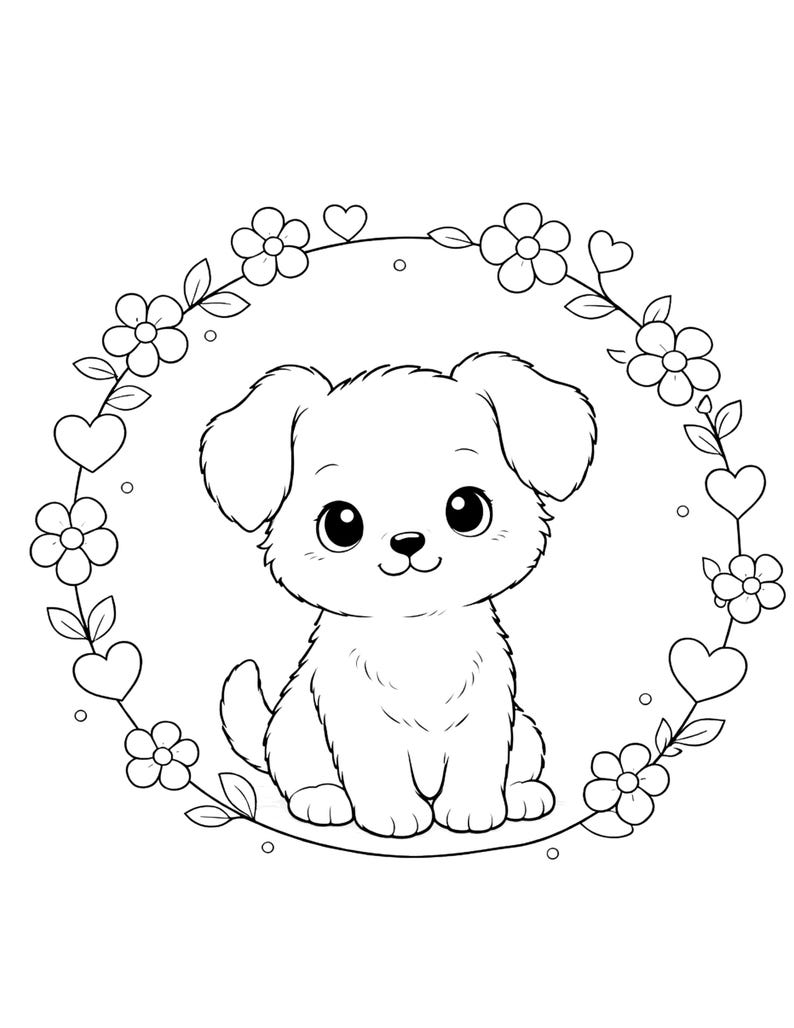 Kids coloring book page featuring a cute puppy sitting inside a floral wreath with hearts and flowers around, designed in clean black and white line art. Simple and easy coloring page for kids ages 4–9. Animal and nature theme helps develop creativity, focus, and fine motor skills. Perfect for home, school, or quiet play time. Printable digital download in US Letter size, fun and engaging coloring activity for young children.