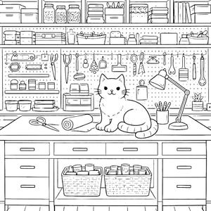 cozy cat craft room coloring page for adults detailed workspace coloring page cute cat on desk creative studio scene printable coloring book page aesthetic hobby room coloring page relaxing adult coloring printable pdf cozy lifestyle coloring page stress relief mindfulness coloring cat lover gift instant download coloring page premium line art cozy desk setup art studio coloring page black and white coloring sheet