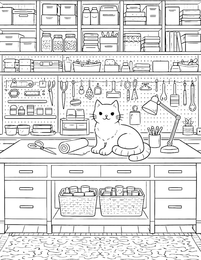 cozy cat craft room coloring page for adults detailed workspace coloring page cute cat on desk creative studio scene printable coloring book page aesthetic hobby room coloring page relaxing adult coloring printable pdf cozy lifestyle coloring page stress relief mindfulness coloring cat lover gift instant download coloring page premium line art cozy desk setup art studio coloring page black and white coloring sheet