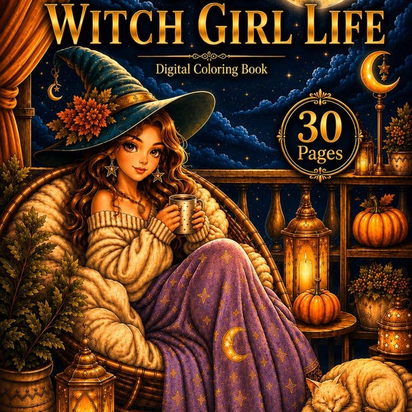 Cozy Witch Girl Life, Digital Coloring Book, 30 Pages