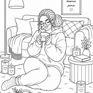 Cozy self care tea time coloring page featuring relaxing home routine comfort calm vibes and mindful living. Part of a 35 page adult coloring book designed for stress relief creativity and peaceful moments. Includes 2 PDF files US Letter size easy to print at home. Perfect for cozy evenings slow living lovers and relaxation rituals. Instant download after purchase thank you for your support please leave a review 💛