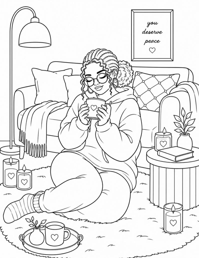Cozy self care tea time coloring page featuring relaxing home routine comfort calm vibes and mindful living. Part of a 35 page adult coloring book designed for stress relief creativity and peaceful moments. Includes 2 PDF files US Letter size easy to print at home. Perfect for cozy evenings slow living lovers and relaxation rituals. Instant download after purchase thank you for your support please leave a review 💛