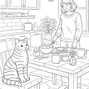 cozy kitchen coloring page, cat sitting on chair coloring page, breakfast scene coloring book, cozy home interior coloring, girl preparing breakfast illustration, relaxing adult coloring page, cozy morning routine coloring, cat lover coloring page, aesthetic kitchen coloring page, stress relief coloring page, mindfulness coloring book page, cozy lifestyle illustration, home cooking coloring page, printable coloring page PDF, cozy cat life coloring page, warm home scene coloring
