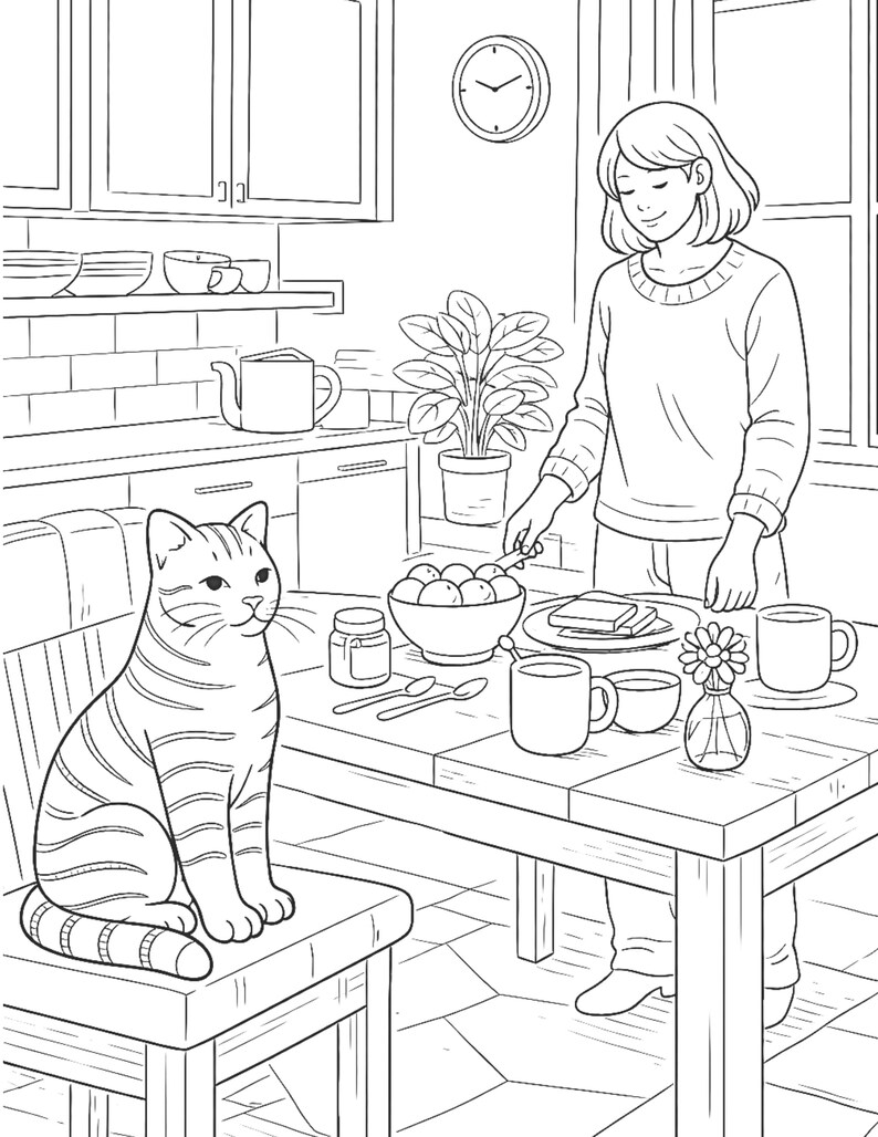 cozy kitchen coloring page, cat sitting on chair coloring page, breakfast scene coloring book, cozy home interior coloring, girl preparing breakfast illustration, relaxing adult coloring page, cozy morning routine coloring, cat lover coloring page, aesthetic kitchen coloring page, stress relief coloring page, mindfulness coloring book page, cozy lifestyle illustration, home cooking coloring page, printable coloring page PDF, cozy cat life coloring page, warm home scene coloring