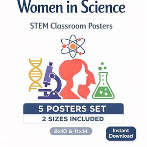 Könnte beinhalten: Ein weißes Poster mit dem Text "Women in Science" und "STEM Classroom Posters". Das Bild enthält Illustrationen zum Thema Wissenschaft, wie eine DNA-Strähne, ein Mikroskop und eine Frauensilhouette. Das Posterset enthält 5 Poster in den Größen 20x25cm und 28x35cm.