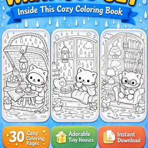 what you get cozy cat coloring book preview pages rainy day theme cute cat coloring pages printable adult coloring book cozy aesthetic hygge coloring pages detailed line art stress relief coloring instant download 30 coloring pages tiny house scenes cozy cat adventures black and white coloring pages clean line art printable coloring sheets for adults and teens relaxing creative activity```