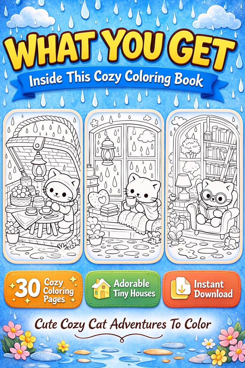 what you get cozy cat coloring book preview pages rainy day theme cute cat coloring pages printable adult coloring book cozy aesthetic hygge coloring pages detailed line art stress relief coloring instant download 30 coloring pages tiny house scenes cozy cat adventures black and white coloring pages clean line art printable coloring sheets for adults and teens relaxing creative activity```