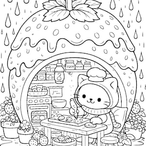 rainy day cozy cat coloring page strawberry house bakery scene cute cat baking cookies miniature world adult coloring book printable cozy aesthetic hygge relaxing coloring page detailed line art stress relief coloring instant download cat lover gift rainy day activity black and white coloring page clean line art cozy kitchen scene kawaii cat illustration printable coloring sheet diy coloring page for adults and teens```