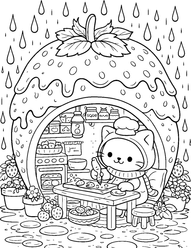 rainy day cozy cat coloring page strawberry house bakery scene cute cat baking cookies miniature world adult coloring book printable cozy aesthetic hygge relaxing coloring page detailed line art stress relief coloring instant download cat lover gift rainy day activity black and white coloring page clean line art cozy kitchen scene kawaii cat illustration printable coloring sheet diy coloring page for adults and teens```