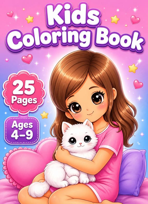 Kids Coloring Book 25 Pages Ages 4-9 Easy Printable