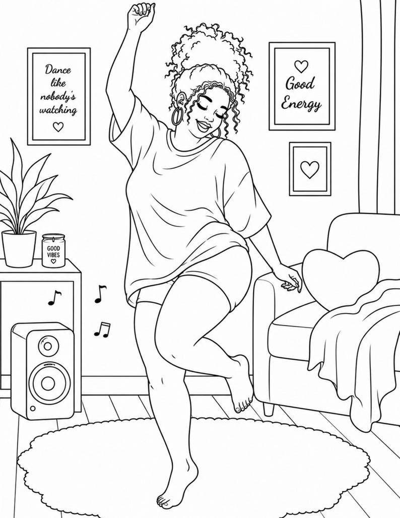 Cozy Black Girl Life coloring book with 35 detailed pages created for adults who enjoy self care cozy home vibes and relaxing creative time. Includes 2 PDF files US Letter size easy to print at home. Features daily life scenes dancing joy positive energy and confident lifestyle moments. Perfect for stress relief mindfulness and relaxation. Instant download after purchase thank you for your support please leave a review 💛