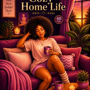 May include: A coloring book cover titled Cozy Home Life with 40 pages, featuring an illustration of a person with curly hair sitting on a purple sofa, holding a purple mug with a heart, surrounded by pillows, candles, plants, and a sunset window.