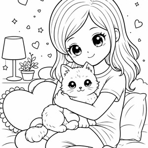 Kids coloring book page featuring a young girl sitting on a bed holding a cute fluffy kitten, surrounded by hearts, stars, and cozy bedroom elements like pillows, lamp, and plant. Clean black and white line art, perfect for coloring. Printable coloring page for kids ages 4–9, simple and fun design, ideal for home activities, relaxation, creativity, and early learning. Instant download digital coloring book pages, US Letter size.