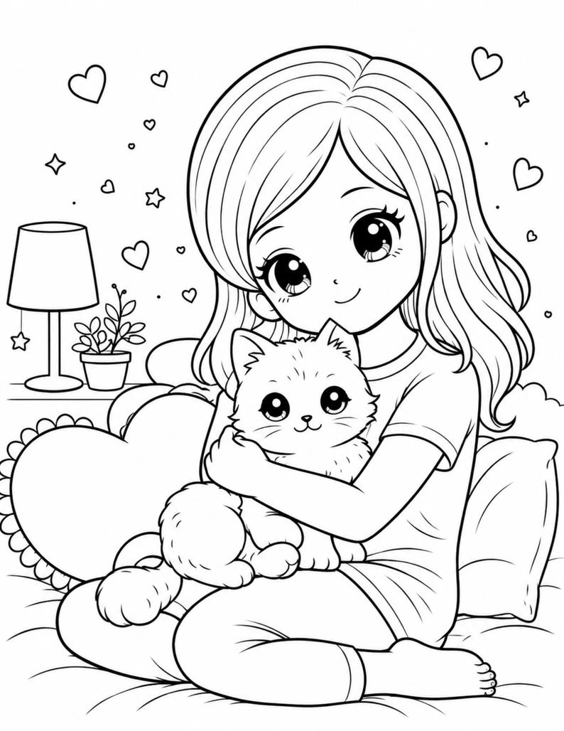 Kids coloring book page featuring a young girl sitting on a bed holding a cute fluffy kitten, surrounded by hearts, stars, and cozy bedroom elements like pillows, lamp, and plant. Clean black and white line art, perfect for coloring. Printable coloring page for kids ages 4–9, simple and fun design, ideal for home activities, relaxation, creativity, and early learning. Instant download digital coloring book pages, US Letter size.
