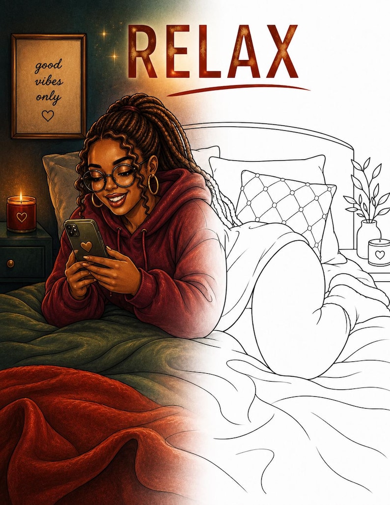 Cozy bedroom relaxing coloring page featuring calm night routine self care comfort and slow living vibes. Part of a 35 page adult coloring book created for stress relief mindfulness and creative escape. Includes 2 PDF files US Letter size easy to print at home. Perfect for cozy evenings phone scrolling moments and peaceful downtime. Instant download after purchase thank you for your support please leave a review 💛