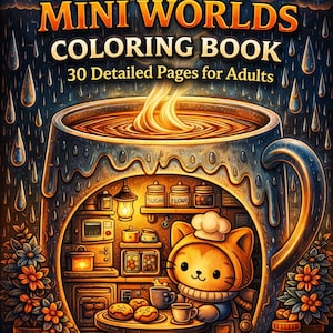 rainy day cozy cat coloring book cover mini worlds theme cute cat inside cup house bakery scene adult coloring book printable cozy aesthetic hygge coloring pages detailed line art stress relief coloring instant download 30 pages coloring book cat lover gift relaxing creative hobby cozy rainy night illustration black and white coloring pages printable pdf coloring book for adults and teens```