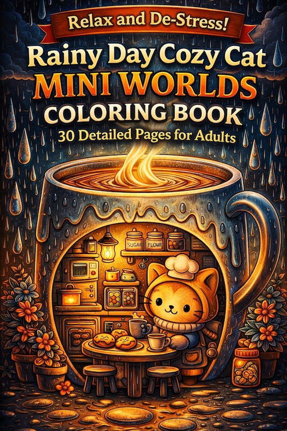 Cozy Cat Rainy Day Coloring Book 30 Pages Printable