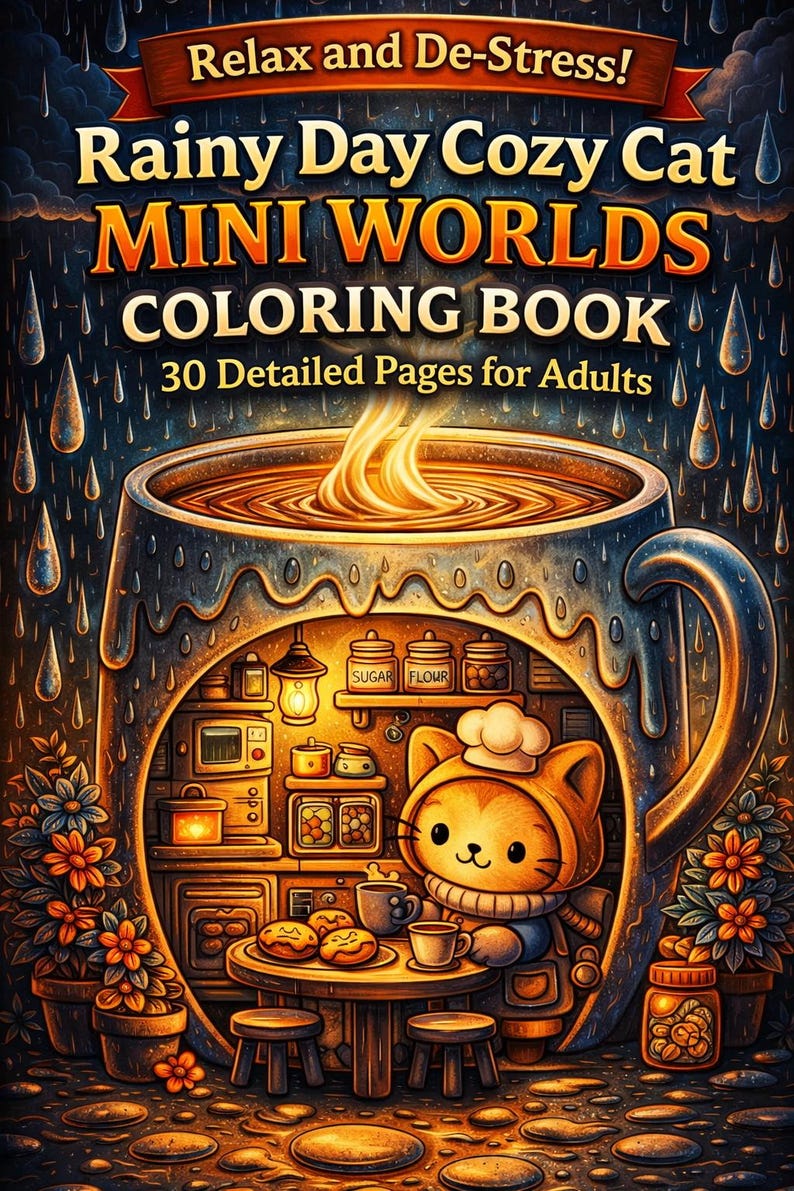 rainy day cozy cat coloring book cover mini worlds theme cute cat inside cup house bakery scene adult coloring book printable cozy aesthetic hygge coloring pages detailed line art stress relief coloring instant download 30 pages coloring book cat lover gift relaxing creative hobby cozy rainy night illustration black and white coloring pages printable pdf coloring book for adults and teens```