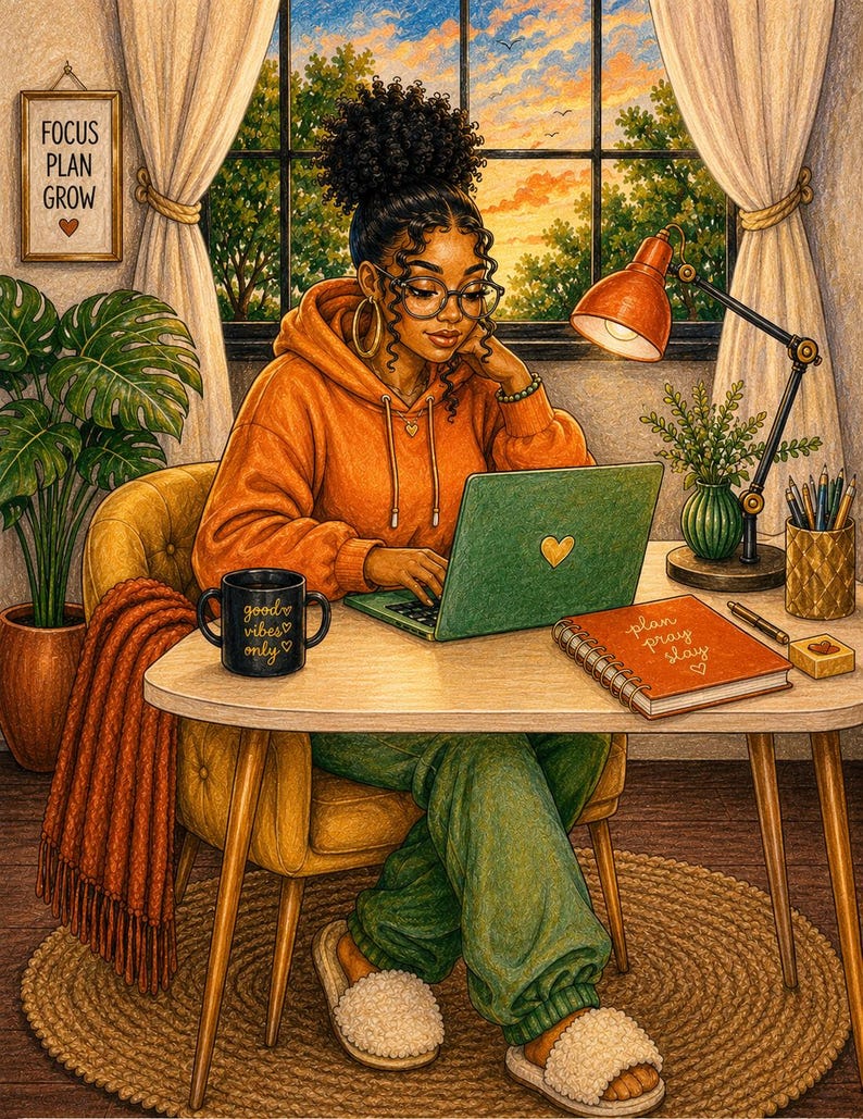 Cozy desk workspace coloring book page featuring relaxed lifestyle self care focus and productivity vibes. Part of a 35 page adult coloring collection designed for stress relief mindfulness and creative escape. Includes 2 PDF files US Letter size easy to print at home. Perfect for cozy evenings journaling lovers and calm routines. Instant download after purchase thank you for your support please leave a review 💛