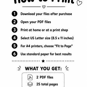 How to Print page for kids coloring book, clean minimal printable guide, digital download instructions, PDF printing steps, US Letter 8.5x11 setup, A4 fit to page settings, home printer or print shop guide, coloring book instant download, 2 PDF files 25 pages, simple black and white layout, easy instructions for parents and kids, printable activity book guide, coloring pages print help, kid friendly design, Etsy digital product instructions, coloring book PDF usage guide