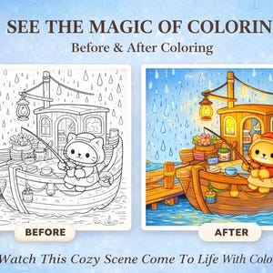 Before and after coloring preview from Cozy Cat Mini Worlds Rainy Day Coloring Book showing transformation from black line art to vibrant colored illustration. Cozy rainy day cat scene on a tiny boat house with lantern light, rain drops and peaceful atmosphere. Adult coloring book page designed for relaxing coloring, stress relief and cozy creative moments. Printable coloring pages for cat lovers, cozy aesthetic fans and relaxing rainy day activities.