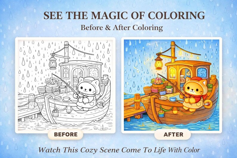 Before and after coloring preview from Cozy Cat Mini Worlds Rainy Day Coloring Book showing transformation from black line art to vibrant colored illustration. Cozy rainy day cat scene on a tiny boat house with lantern light, rain drops and peaceful atmosphere. Adult coloring book page designed for relaxing coloring, stress relief and cozy creative moments. Printable coloring pages for cat lovers, cozy aesthetic fans and relaxing rainy day activities.