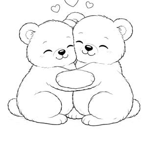 Kids coloring book page featuring two adorable teddy bears hugging each other with hearts above, designed in clean black and white line art. Simple and easy coloring page perfect for kids ages 4–9. Cute animal theme encourages creativity, relaxation, and fine motor skills. Ideal for home, school, or quiet time activities. Printable digital download in US Letter size, fun and engaging coloring experience for young children.