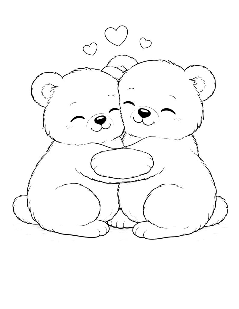 Kids coloring book page featuring two adorable teddy bears hugging each other with hearts above, designed in clean black and white line art. Simple and easy coloring page perfect for kids ages 4–9. Cute animal theme encourages creativity, relaxation, and fine motor skills. Ideal for home, school, or quiet time activities. Printable digital download in US Letter size, fun and engaging coloring experience for young children.