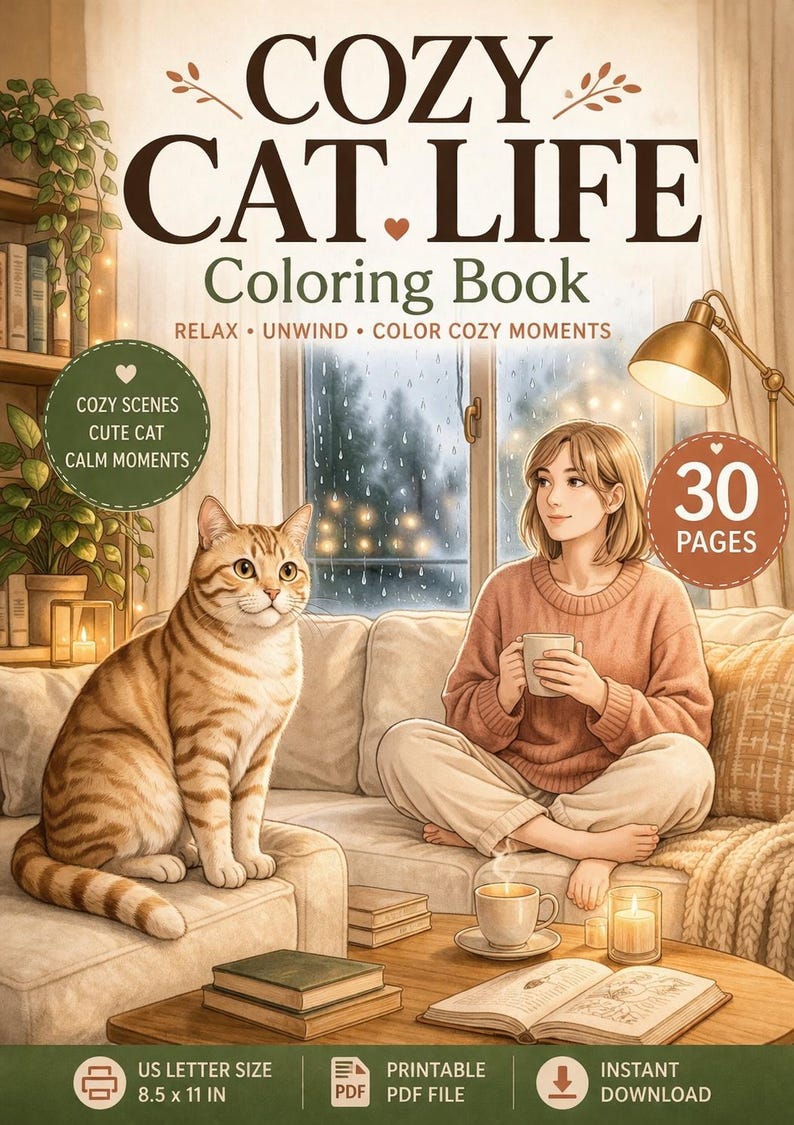 cozy cat life coloring book cover, cozy cat coloring book, adult coloring book printable PDF, relaxing cozy lifestyle coloring pages, cute cat home scene illustration, stress relief coloring book, mindfulness coloring pages, hygge cozy home coloring book, cat lover gift printable, aesthetic cozy interior coloring, rainy window cozy scene, 30 coloring pages US Letter, printable PDF instant download, relaxing creative hobby coloring book