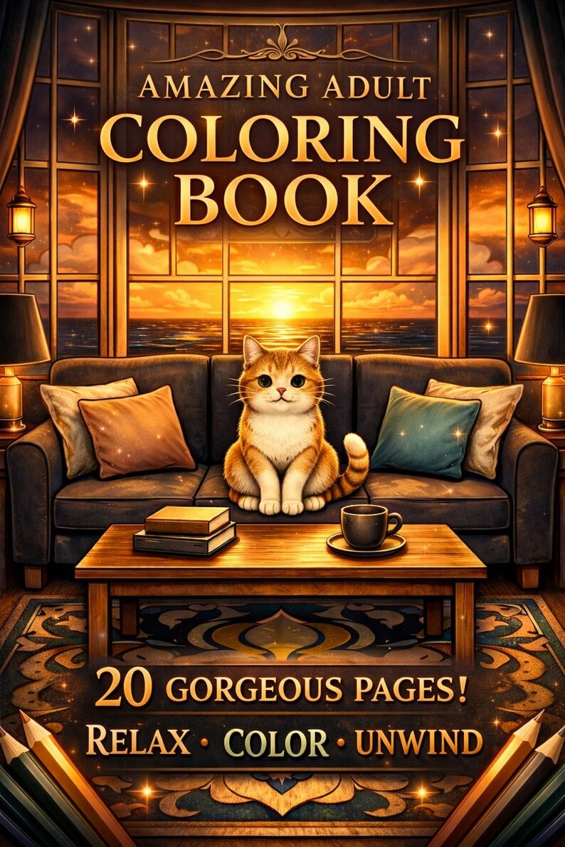 cozy cat coloring book for adults printable pdf, 20 detailed coloring pages, relaxing coloring book, stress relief coloring pages, mindfulness art, cat lover gift, aesthetic cozy interiors, hygge home scenes, instant download coloring book, printable US Letter 8.5x11, high quality 300 DPI, premium line art, calming hobby, self care coloring, digital coloring book