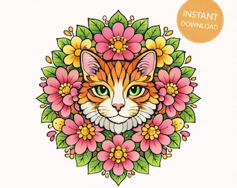 Cat Mandala Coloring Book – 20 Printable Pages, Adult Relaxation (Digital Download)