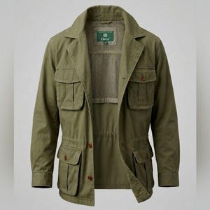 Può includere: Giacca verde oliva con multiple tasche frontali, colletto a revers e chiusura con bottoni. La giacca ha una vita regolabile con coulisse e una fodera in rete. L'etichetta del marchio "Orvis" è visibile. Un capo di abbigliamento esterno classico.