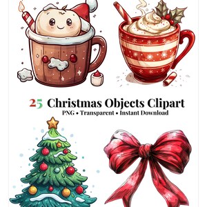 Puede incluir: Ilustración digital con objetos navideños. Incluye una taza de dibujos animados, una taza a rayas rojas y blancas con crema batida, un árbol de Navidad decorado y un lazo rojo. El texto dice "25 Christmas Objects Clipart".