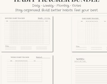 Paquete imprimible de seguimiento de hábitos / Planificador diario, semanal y mensual / Plantilla minimalista de productividad en PDF / Organizador de rutinas