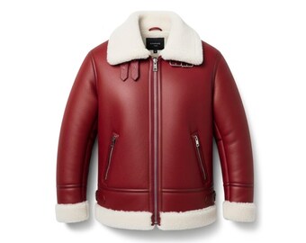 May include: A red leather jacket with a white shearling collar and lining. The jacket features a zip-up front, two side pockets, and a buckle detail at the collar. The cuffs are also lined with white shearling.