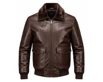 Chaqueta de aviador de cuero marrón para hombre / Chaqueta de vuelo de cuero genuino con cuello de piel / Abrigo de invierno clásico estilo bomber