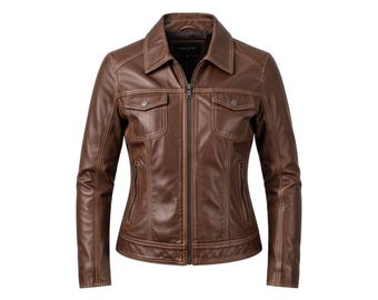 Women’s Brown Genuine Leather Jacket | Classic Slim Fit Leather Biker Jacket for Women