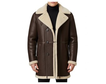 Men’s Brown Shearling Leather Coat | Genuine Leather Winter Overcoat with Faux Fur Lining | Handmade Luxury Long Coat