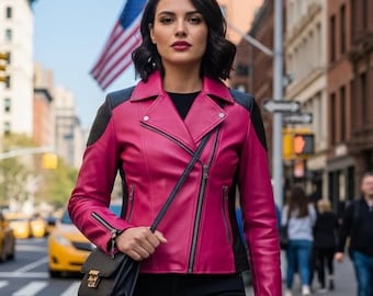 Women Pink Leather Jacket Black Shoulder Panels Biker Style Slim Fit Moto Jacket