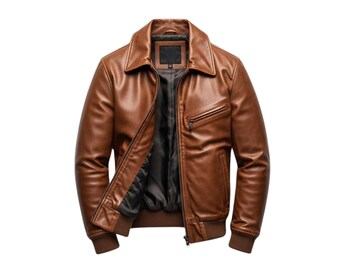 Chaqueta bomber de cuero marrón auténtico para hombre / Chaqueta clásica de cuero auténtico con cremallera frontal / Abrigo de cuero vintage hecho a mano