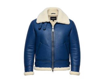 May include: A blue leather jacket with a cream-colored shearling collar and lining. The jacket features a front zipper, two side pockets, and adjustable straps at the waist and cuffs. The jacket is a classic aviator style.