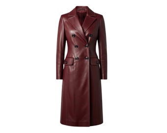 Trench in pelle bordeaux da donna / Cappotto lungo doppiopetto in pelle / Elegante giacca invernale in pelle
