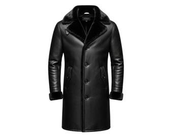 Lange zwarte leren herenjas met kraag van imitatiebont | Luxe winterjas | Handgemaakte premium leren trenchcoat