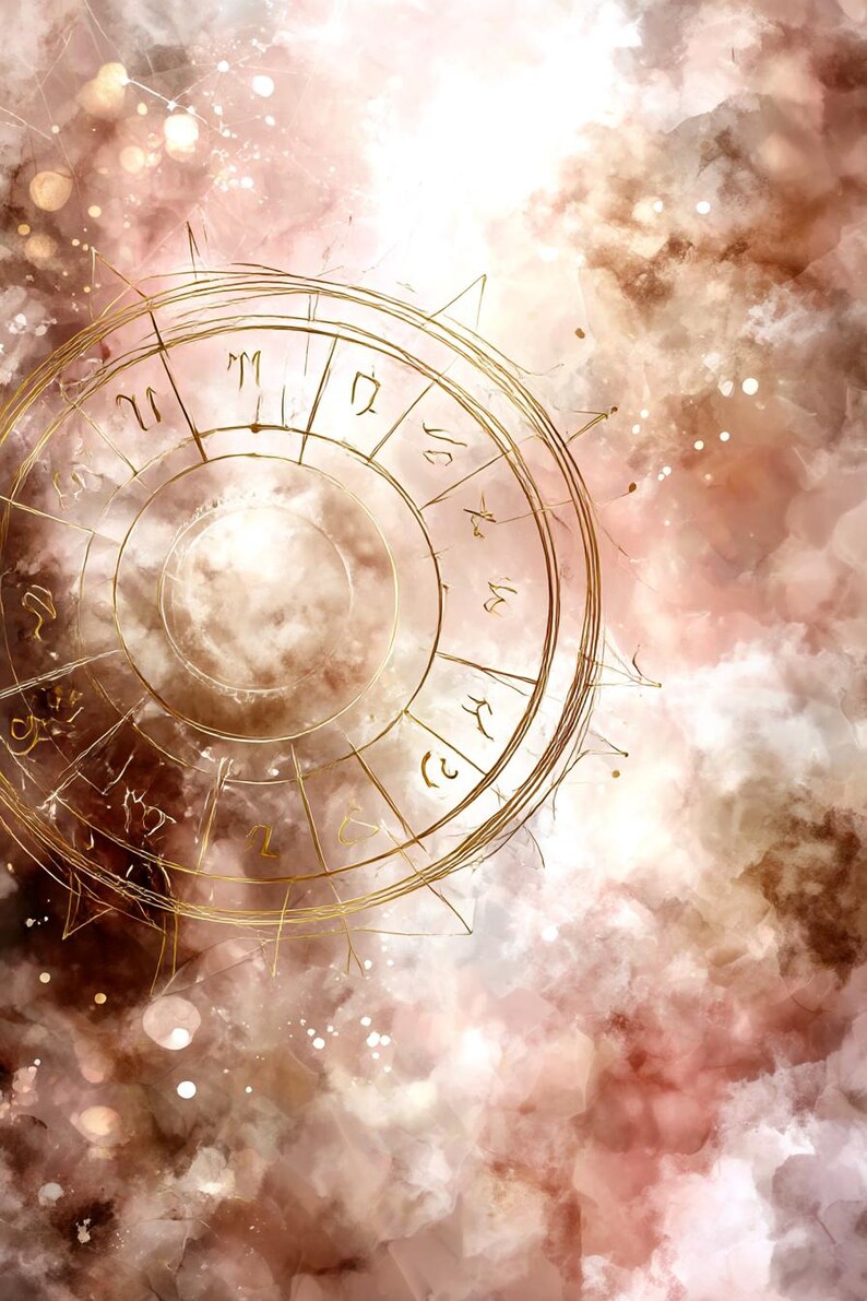 Pu&ograve; includere: Una ruota zodiacale dorata con simboli astrologici, su uno sfondo acquerello dai toni rosa e marroni. Il design intricato della ruota e il tema celeste creano un'estetica mistica e artistica.