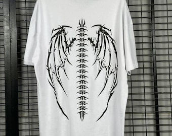 Skeleton Wing Print White Oversize T-Shirt – Unisex Dark Streetwear Tee
